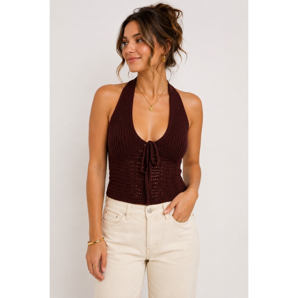 Sincerely Jules Brown Knit Halter Tie Front Top Size M NWT